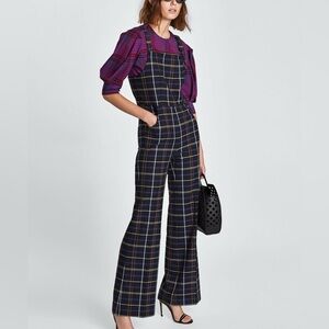 Zara | Plaid Check Button Overalls Jumpsuit